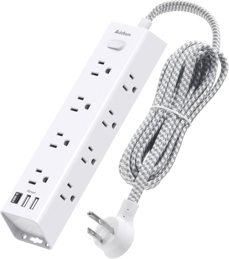 Addtam Surge Protector Power Strip - 5 FT Extension Cord, Power Strip with 12 Widely AC Outlet 3 USB, Flat Plug Wall Mount Overload Protection, 1050J, Desk Charging Station for Home Office, ETL Listed,White - Image 1